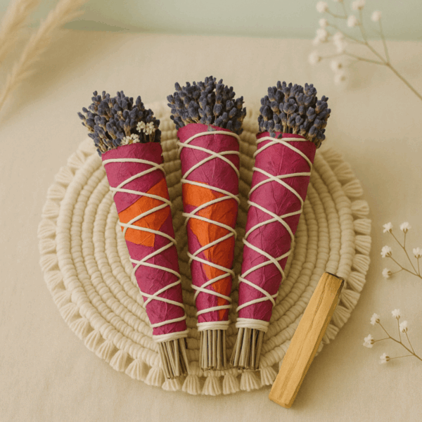 Bâton floral de purification – sauge et pétales de rose – rituel d’amour, clarté et guérison émotionnelle