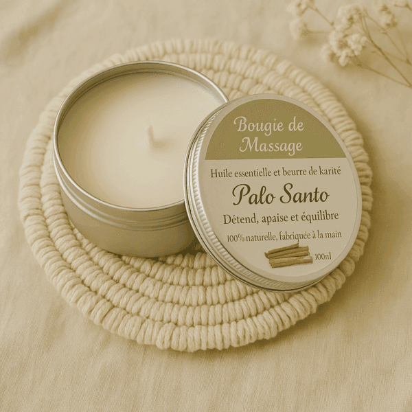 Bougie de massage au Palo Santo avec beurre de karité, naturelle et relaxante